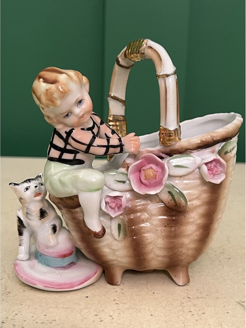 Vintage Ucagco Porcelain Basket with Climbing Child and Cat Sitting on Hat